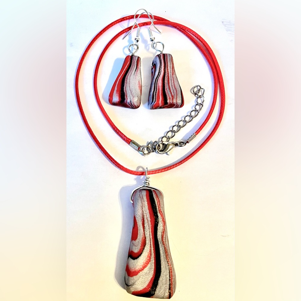 Red Black Silver Sparkle Handmade Clay Necklace and Earrings Set Unique